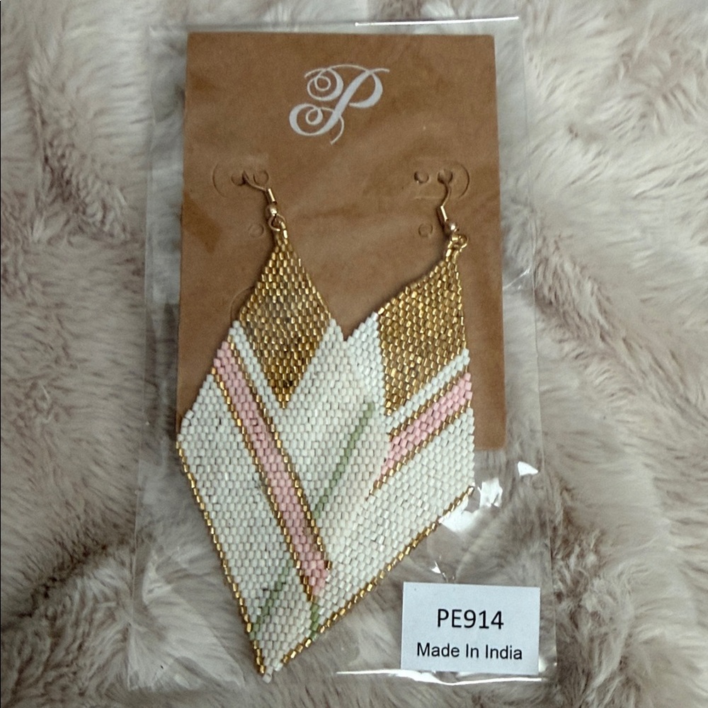 Plunder Gold, White & Pink Chevron Beaded Drop Earrings